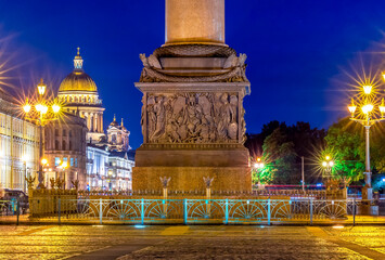 Alexander column on Palace square at night, Saint Petersburg, Russia