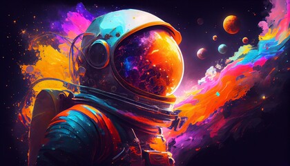 the astronaut looks at other planets and space in lilac and pink colors. concept future, universe, space, astronautics, research, science