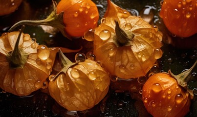  a group of oranges sitting on top of a table covered in water.  generative ai