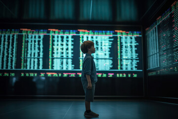 Fototapeta premium the child, boy, investor is standing back, analyzes the securities market. Projector Screen Shows Graphs. AI generative