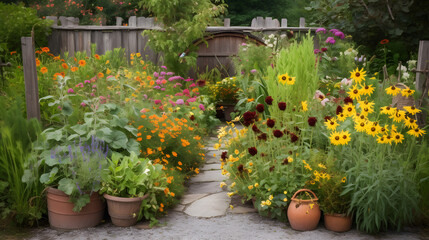 A rustic garden with a variety of colorful flowers and plants, including daisies and sunflowers, in a charming countryside setting