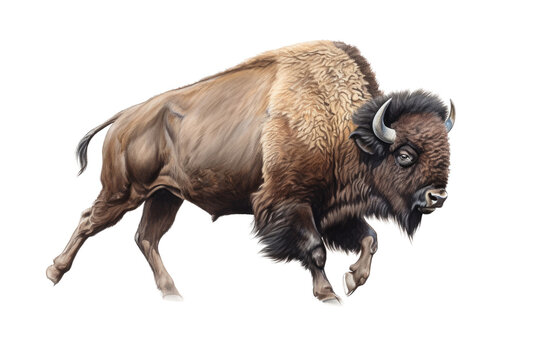 Bull Bison, Buffalo, running, 3/4, and side view, American icon, indian icon with Ranch-themed, photorealistic illustrations in PNG. generative ai