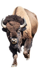 an isolated Bull Bison, Buffalo, standing, 3/4, and frontal view, an American icon, Indian icon with Ranch-themed, photorealistic illustrations cutout, in PNG. generative ai