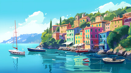 Illustration of beautiful view of Portofino, Italy - obrazy, fototapety, plakaty