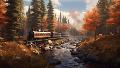 Autumn forest with train and train tracks desktop background ai generative