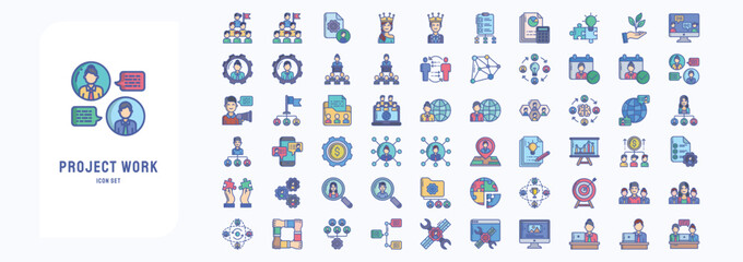 A collection sheet of linear color icons for Project work, including icons like Achievement, Employee, Briefing, Business and finance and more