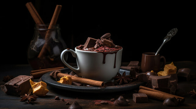 Cup of hot chocolate and pieces of chocolate and cinnamon sticks. Generative Ai