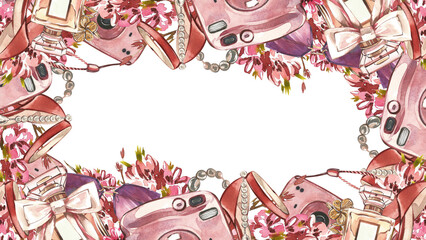 Seamless frame heeled shoe, perfume bottle, instant camera, flowers isolated on white. Watercolor handrawn illustration