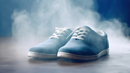 blue shoes with smoke on blue background. Generative Ai