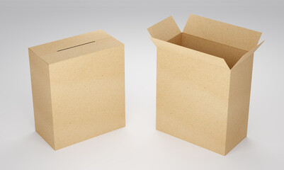 3d rendering, open and closed cardboard box made of recycled paper on white background