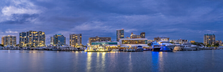 City skyline from Bayfront Park over Sarasota Bay at night in Sarasota Florida USA