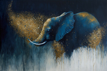 Gold and blue elephant, rough painting, made with Generative AI
