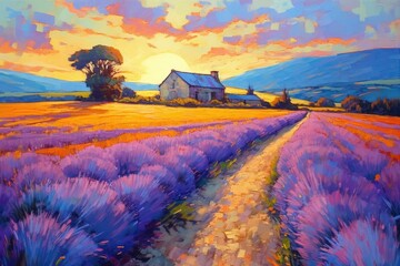 Lavender fields in Provence, artistic abstract oil painting style, ai generative - obrazy, fototapety, plakaty