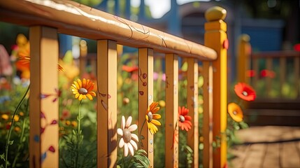 Children playground colorful wooden railings close-up on sunny summer day, trees on blurred background, flowers