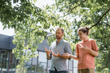 bearded father and curly teenager son talking during walk in green park.