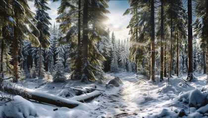 Spruce forest during the winter beautiful desktop background ai generative
