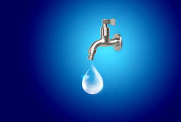Large drop for water from water tap on dark blue background, Save water concept