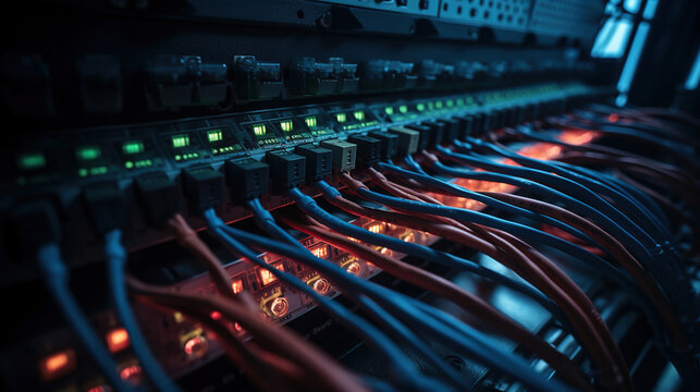 network equipment panel with cables and wires on it. Generative Ai