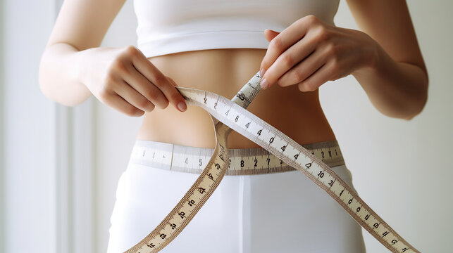 hands measuring waist with a tape. Fit and healthy woman on white background. Generative Ai