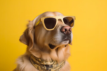 Stylish Rich Golden Retriever Wearing Sunglasses Against Yellow Background