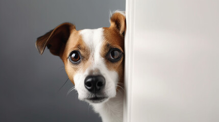 Dog staring from inside blank white wooden frame on grey background Generative AI