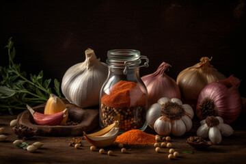 Product photography of garlic with spices on wood or wooden table. Essential organic nutrition vegetable. Ai generated