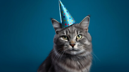 Obraz premium Felicitous feline, cat with birthday hat and blue backdrop Generative AI