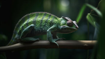 Green chameleon on bamboo Generative AI