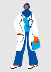 Friendly female doctor wearing a lab coat and hijab. Stylized vector character.