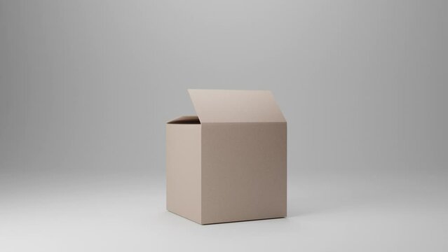 Cardboard moves into the frame and opens and closes. On grey background. 3d animation.