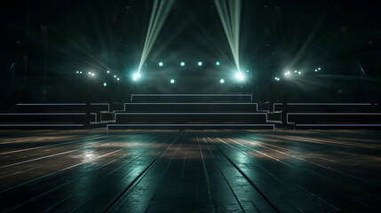 Fototapeta na wymiar Background spotlights shine on stage floor in dark Generative AI 