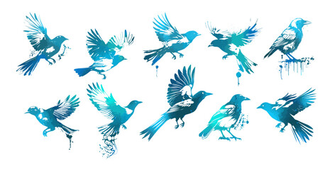 Set of blue flying watercolor birds. Vector illustration