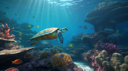 Naklejka na ściany i meble Stunning underwater scenery of colorful fish and turtles Generative AI