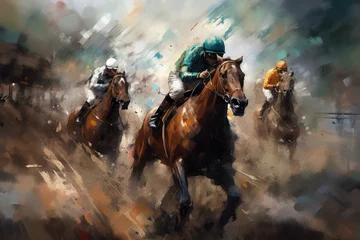 Poster Colorful Abstract racing horse with jockey. Equestrian sport. Illustration of paints. Generative AI. © Prime Lens