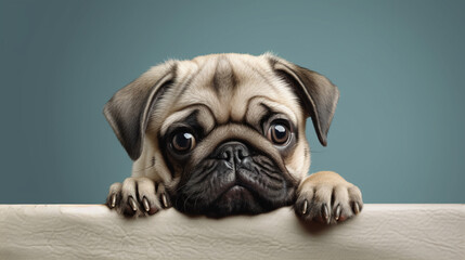Sweet pug puppy above banner with copy space for text. Generative AI