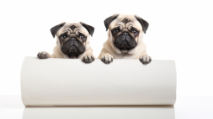 Two lovely pugs hold an empty paper board template mockup,copy space ,White background Generative AI