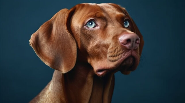 Stunning Hungarian Vizsla with intense gaze on blue background. Generative AI