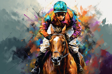 Colorful Abstract racing horse with jockey. Equestrian sport. Illustration of paints. Generative AI.