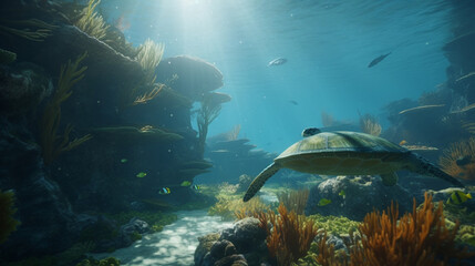 Fototapeta premium A beautiful underwater world full of vibrant fish and turtles Generative AI