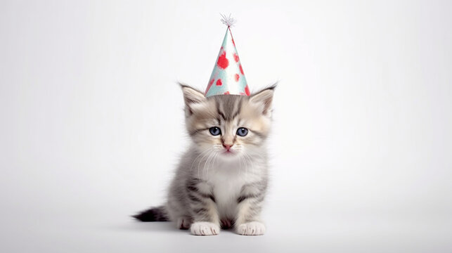 White background, felicitous kitty with birthday hat Generative AI