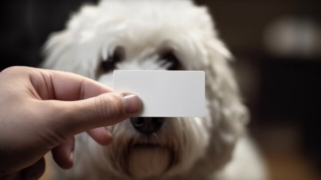 A white business card presented by a man and his dog. Generative AI