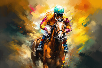 Colorful Abstract racing horse with jockey. Equestrian sport. Illustration of paints. Generative AI. - obrazy, fototapety, plakaty