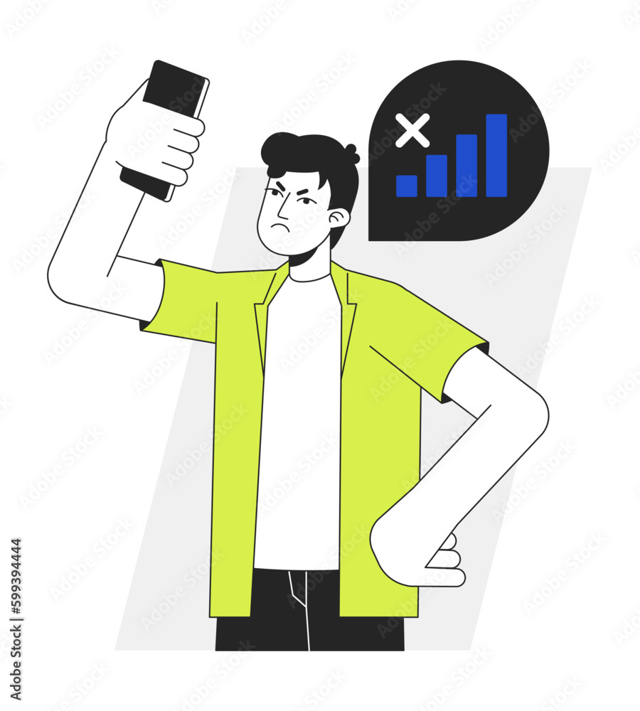 Poster gadget user having no phone signal flat line vector spot illustration. frustrated man with phone pro