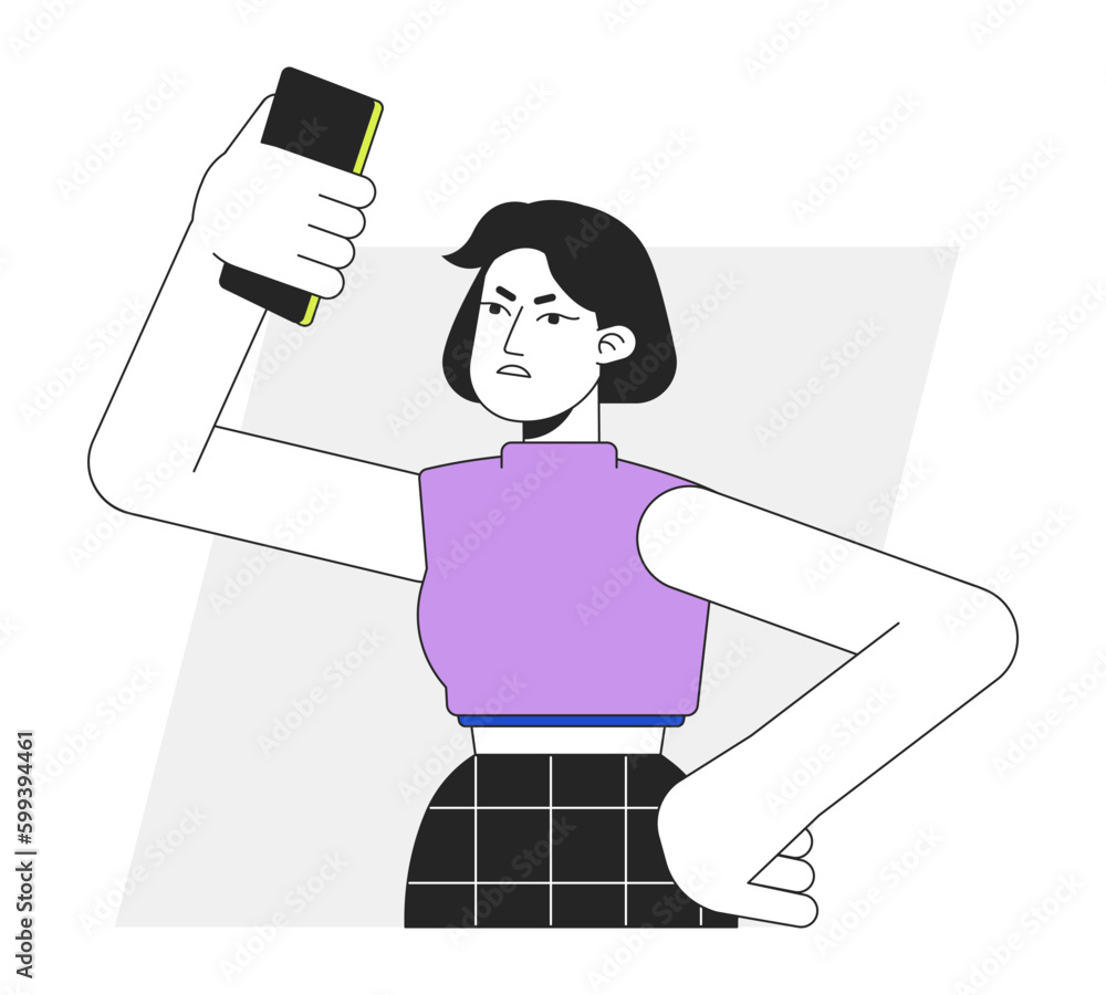 Poster displeased woman with not working phone flat line vector spot illustration. 2d cartoon outline chara