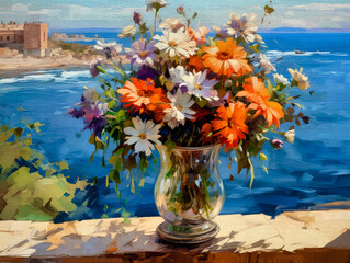 still life with flowers and sea