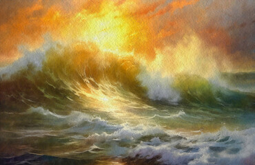 Watercolor paintings sea landscape, water and sun
