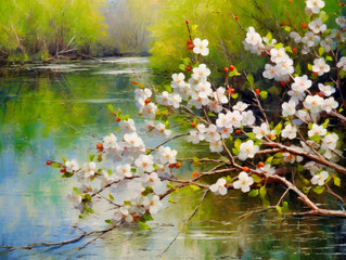 Oil paintings spring landscape, spring in the park, flowers in the water
