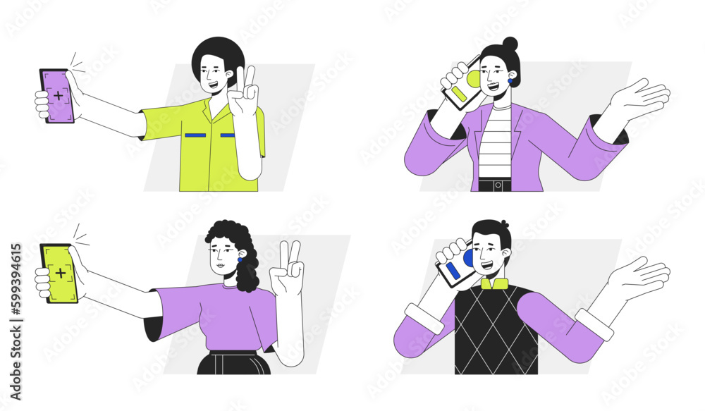 Aufkleber using smart phone flat line vector spot illustration set. taking selfie photo, making call 2d cartoo