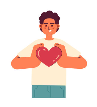 Spread love to others flat concept vector spot illustration. Caucasian man holding heart in hands 2D cartoon character on white for web UI design. Be kind isolated editable creative hero image