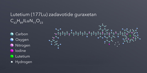 lutetium (177lu) zadavotide guraxetan molecule 3d rendering, flat molecular structure with chemical formula and atoms color coding